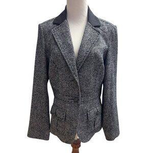 Cabi Women's Size 8 Blazer Jacket Herringbone Tweed Wool Blend Blue Gray V-Neck